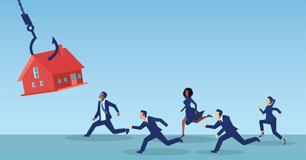 Diverse individuals racing towards homeownership, symbolizing the competitive nature of homeownership, and securing mortgage lending in today's real estate market.