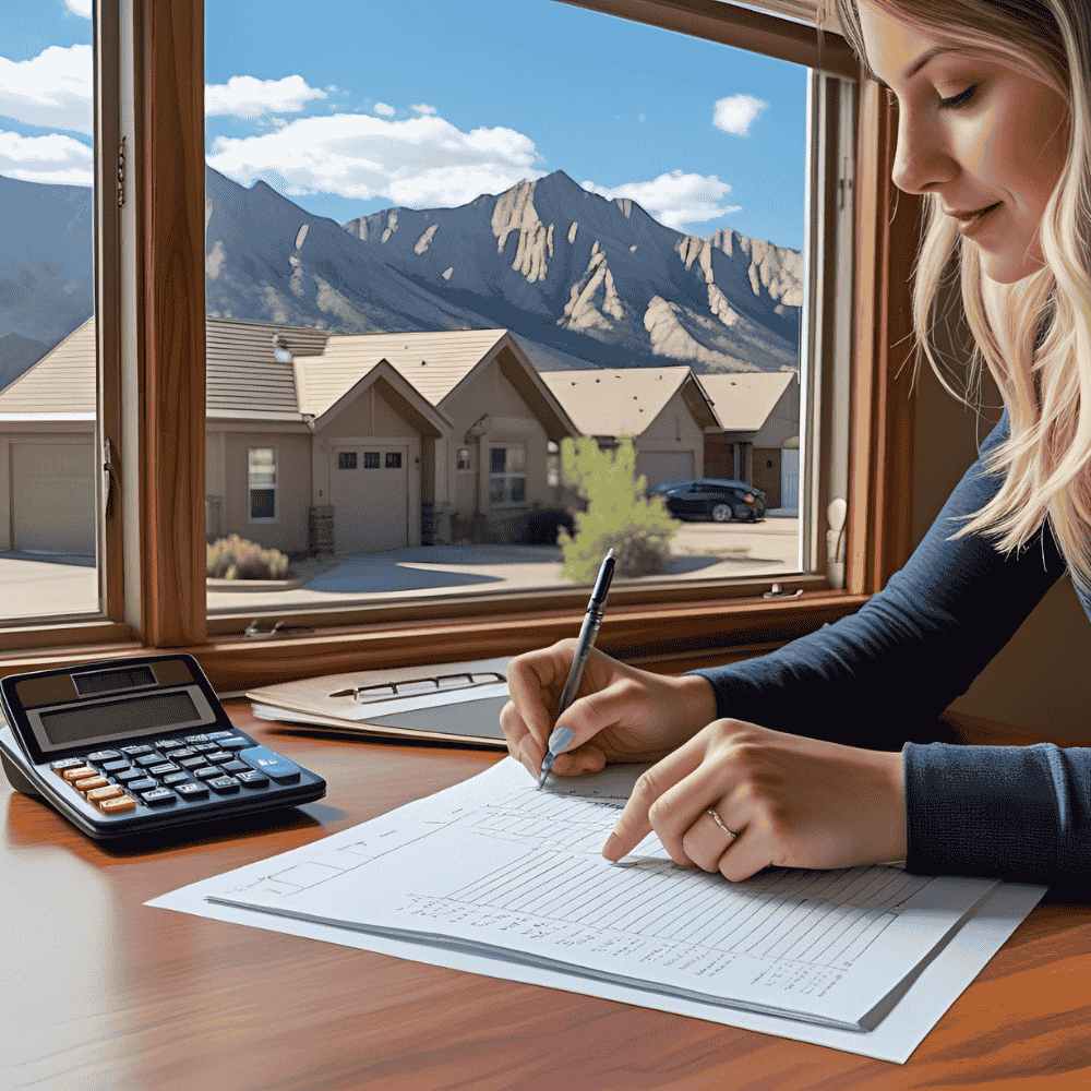 Woman mortgage lender calculating mortgage rates in Utah at her desk with mountains in the background through her window