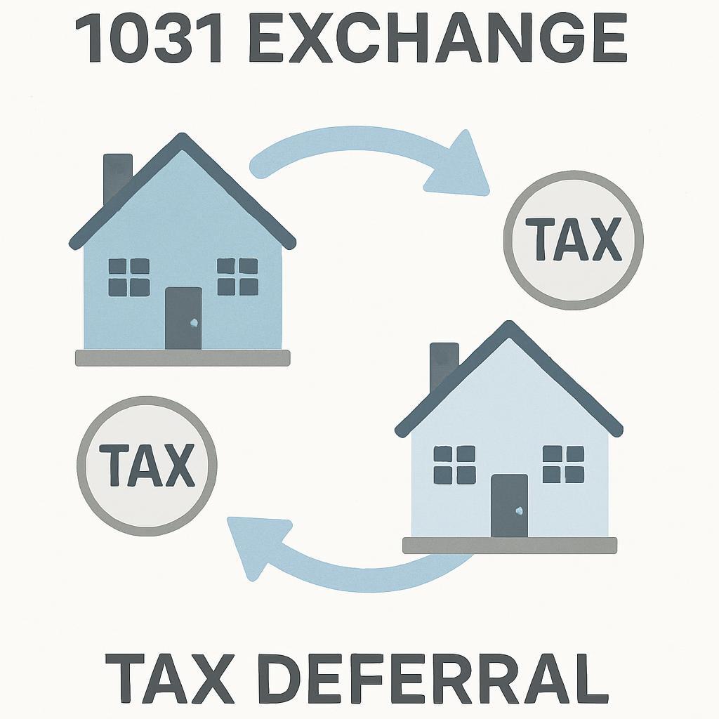Visual of one house being exchanged for another with arrows and tax symbols to represent 1031 exchange rules.