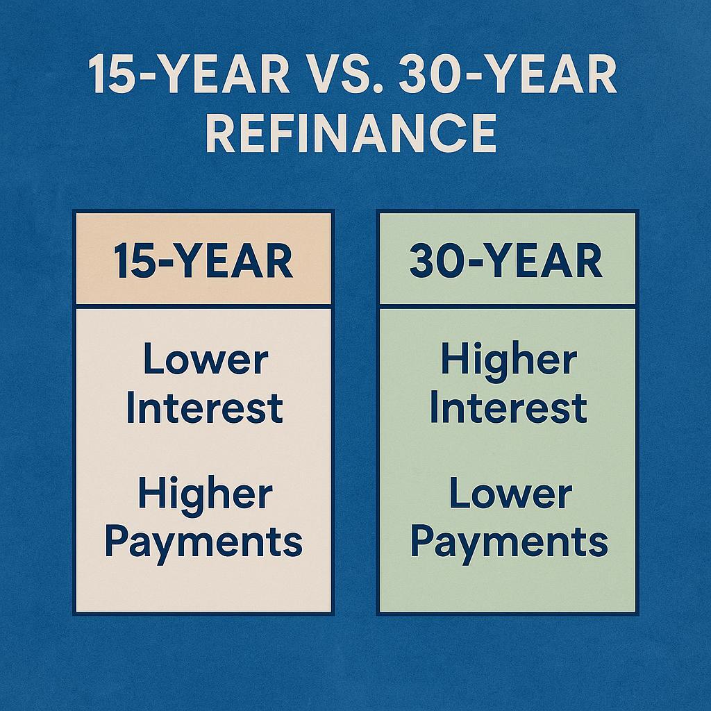 year vs 30 year mortgage refinance rates comparing 15-year and 30-year refinance options on a blue background