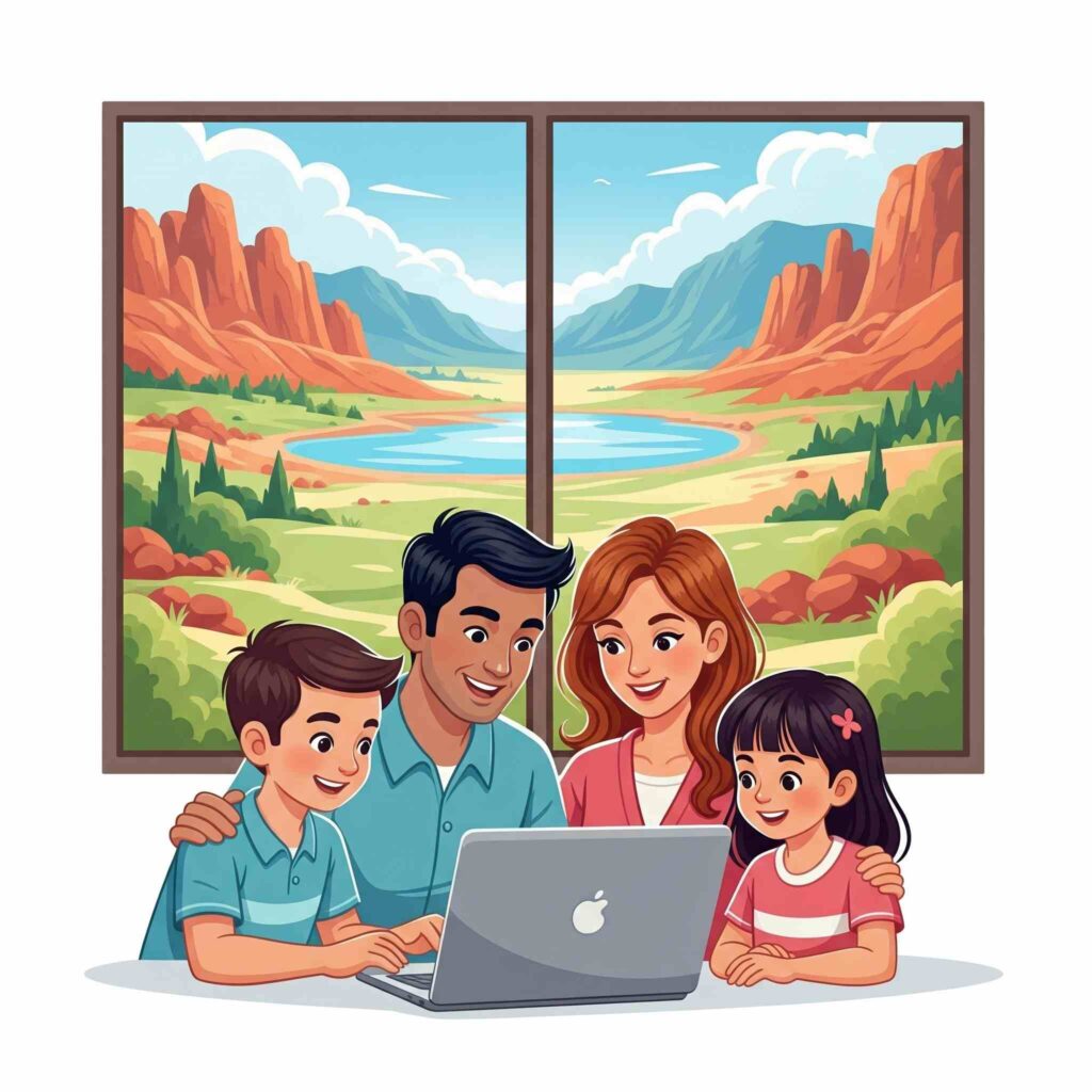 A happy family looking into cash out refinancing to buy a second home on a laptop, with a scenic Utah landscape visible through the window.