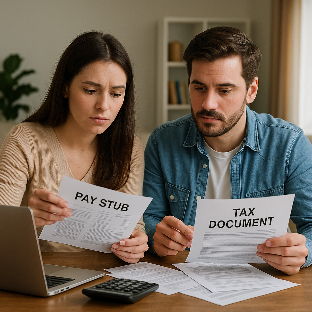 Young couple gathering pay stubs and tax documents to apply for a mortgage loan