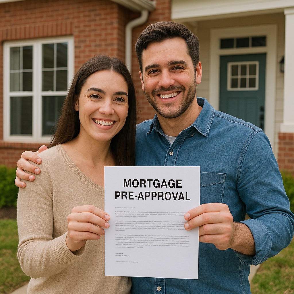 Happy couple holding mortgage loan pre-approval letter in front of their new home