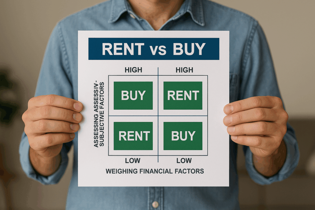 Financial decision matrix comparing rent vs. buy options based on subjective and financial factors