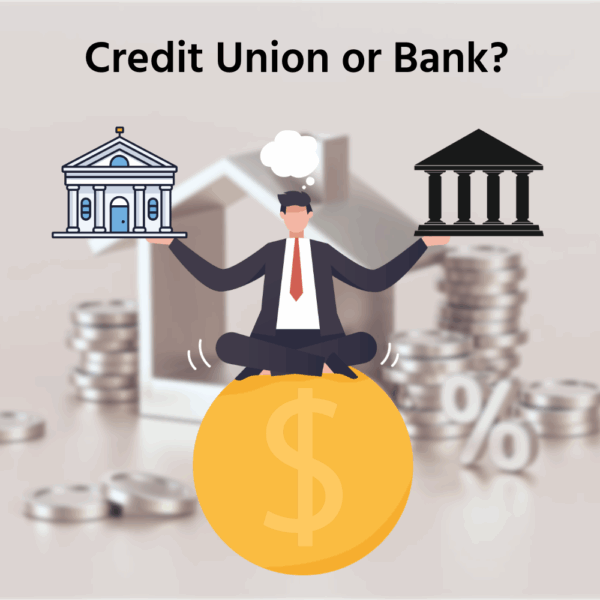 Man balancing on a coin with two different options in each hand, one representing a bank and one representing a credit union. Background is of a house with coins surrounding it.