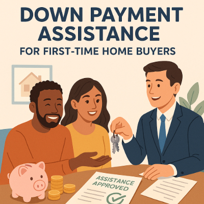 An illustration shows a couple sitting at a table with a financial advisor. The couple has a piggy bank and stacks of coins on the table, while the advisor hands them keys. A document labeled 'Assistance Approved' is also on the table. Above them, text reads 'DOWN PAYMENT ASSISTANCE FOR FIRST-TIME HOME BUYERS'.