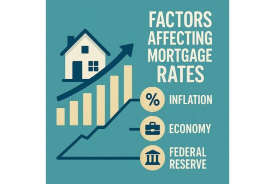Infographic showing factors affecting mortgage rates, including inflation, economy, and the Federal Reserve, with rising home and chart icons.