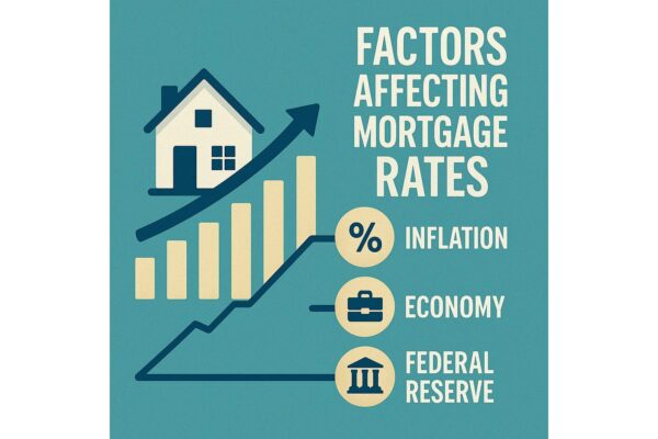 Infographic showing factors affecting mortgage rates, including inflation, economy, and the Federal Reserve, with rising home and chart icons.