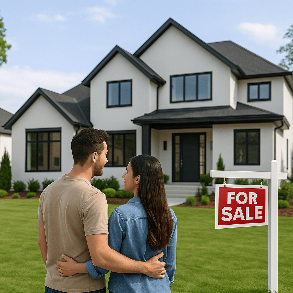 First-time home buyers looking at a modern home with a “For Sale” sign.