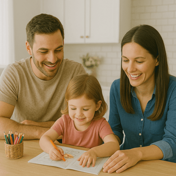 Young parents smile as their daughter colors at the kitchen counter in their new home.