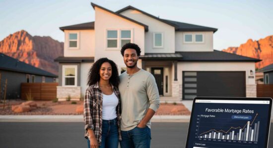 Couple in front of new house with mortgage