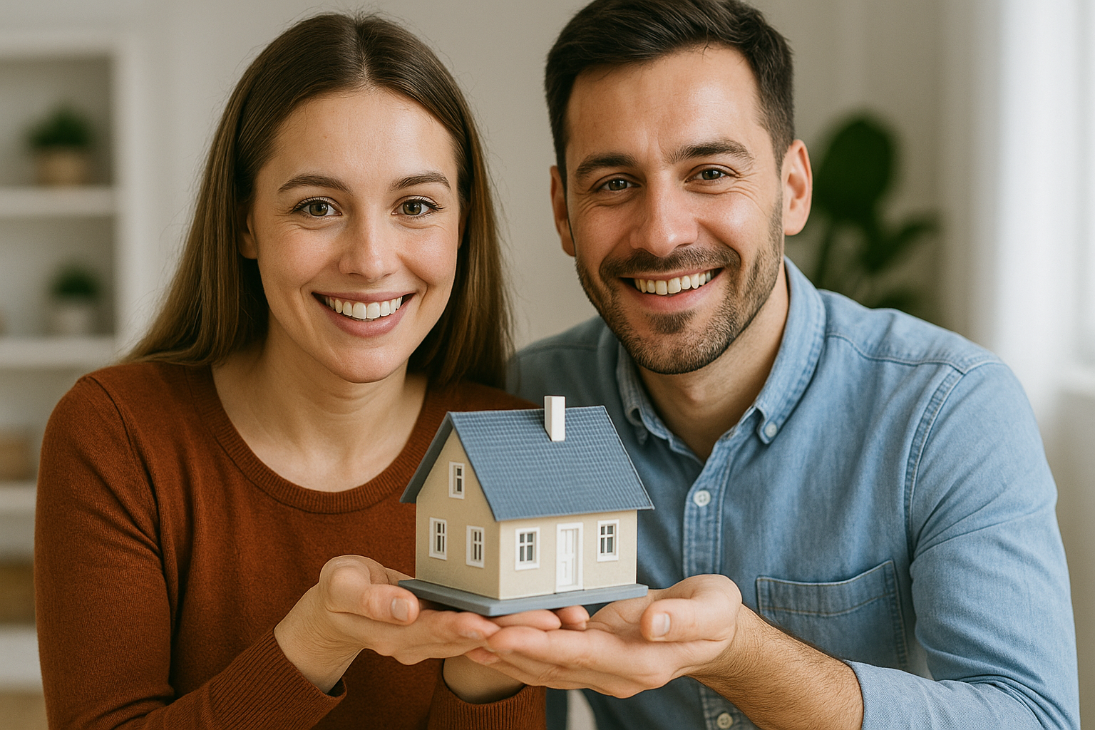 Smiling first-time homebuyers holding a house model – current mortgage rates in Utah for 2025