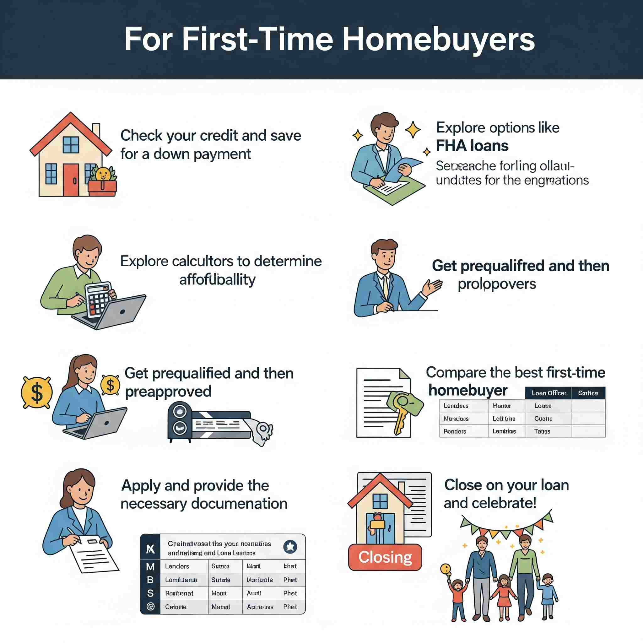 Outlined steps like checking credit, exploring FHA loans, using affordability calculators, getting prequalified, comparing lenders, applying, and celebrating closing.