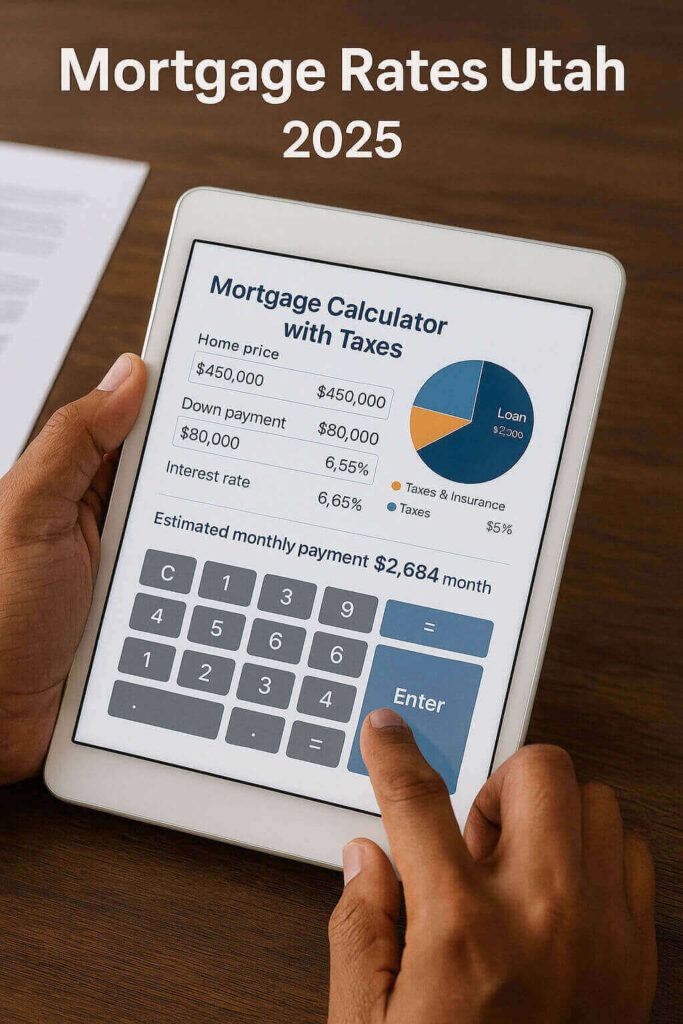 Homebuyer reviewing mortgage calculator with taxes in Utah