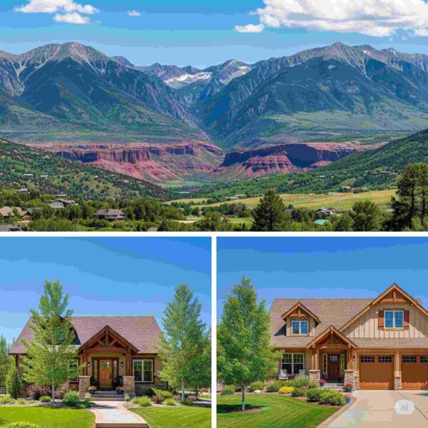 Majestic Utah landscape with red rocks and mountains, featuring a charming, cozy second or vacation home in the foreground.