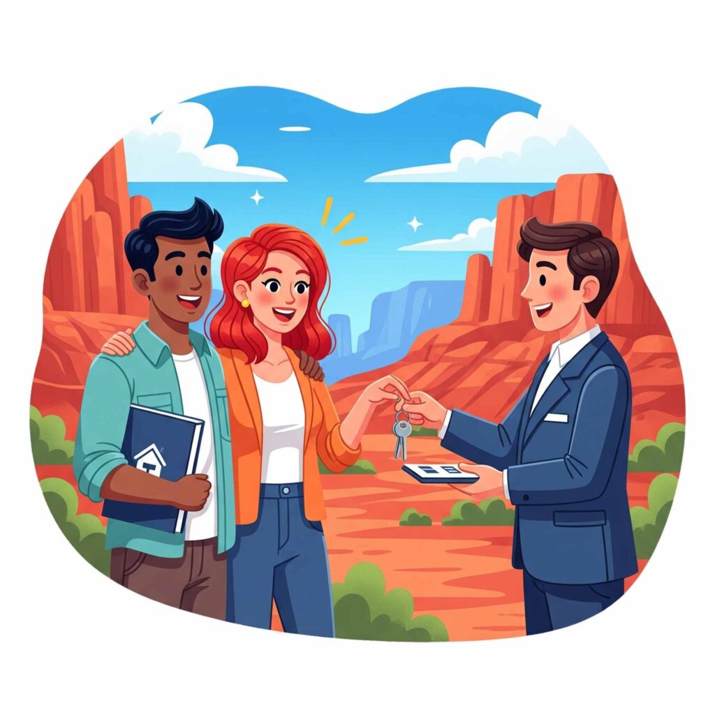 A smiling couple happily receiving keys after qualifying for a second mortgage in Utah, with iconic red rock formations in the background.
