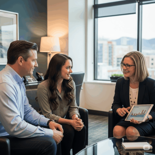 Couple meeting with mortgage refinancing advisor in Utah office