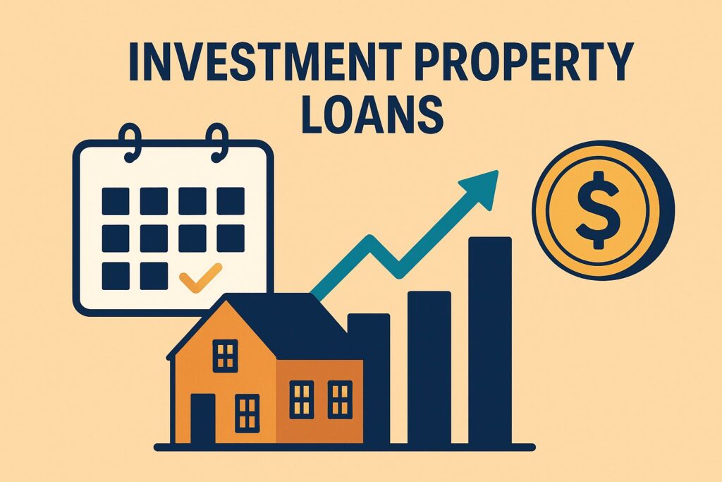 Calendar and house graphic illustrating rental property loans, investment home loan rates, and mortgage for rental property planning