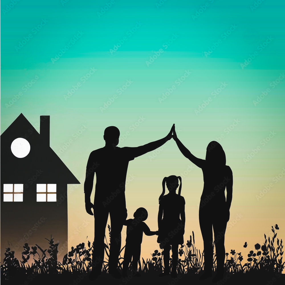 Silhouette of a house in the back left with a family of four in the center, also in silhouette. Parents are "high-fiving" each other above the children's heads. Shows that a mortgage is possible.