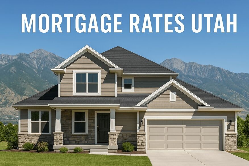 A modern Utah home with Wasatch Mountains in the background and bold “Mortgage Rates Utah” title