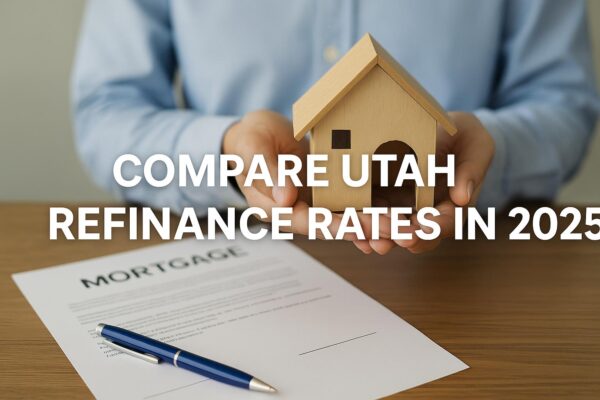 Photo of a hand holding a small wooden house next to a mortgage document and pen, with overlay text reading 'Compare Utah Refinance Rates in 2025