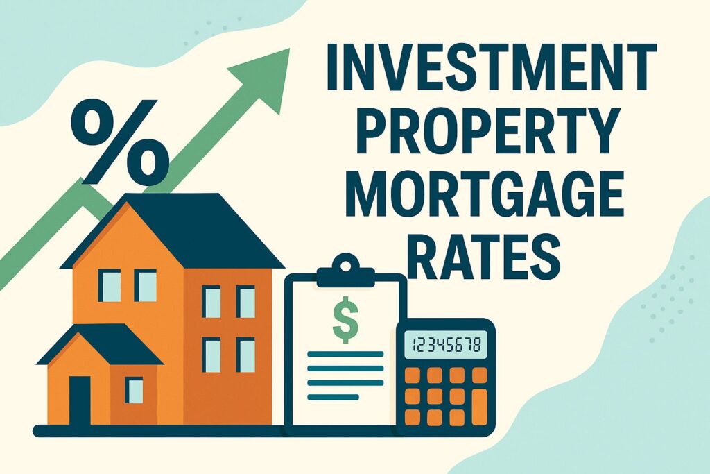 Infographic showing investment property mortgage rates, current investment property mortgage rates, and investment property interest rates with calculator and rising chart
