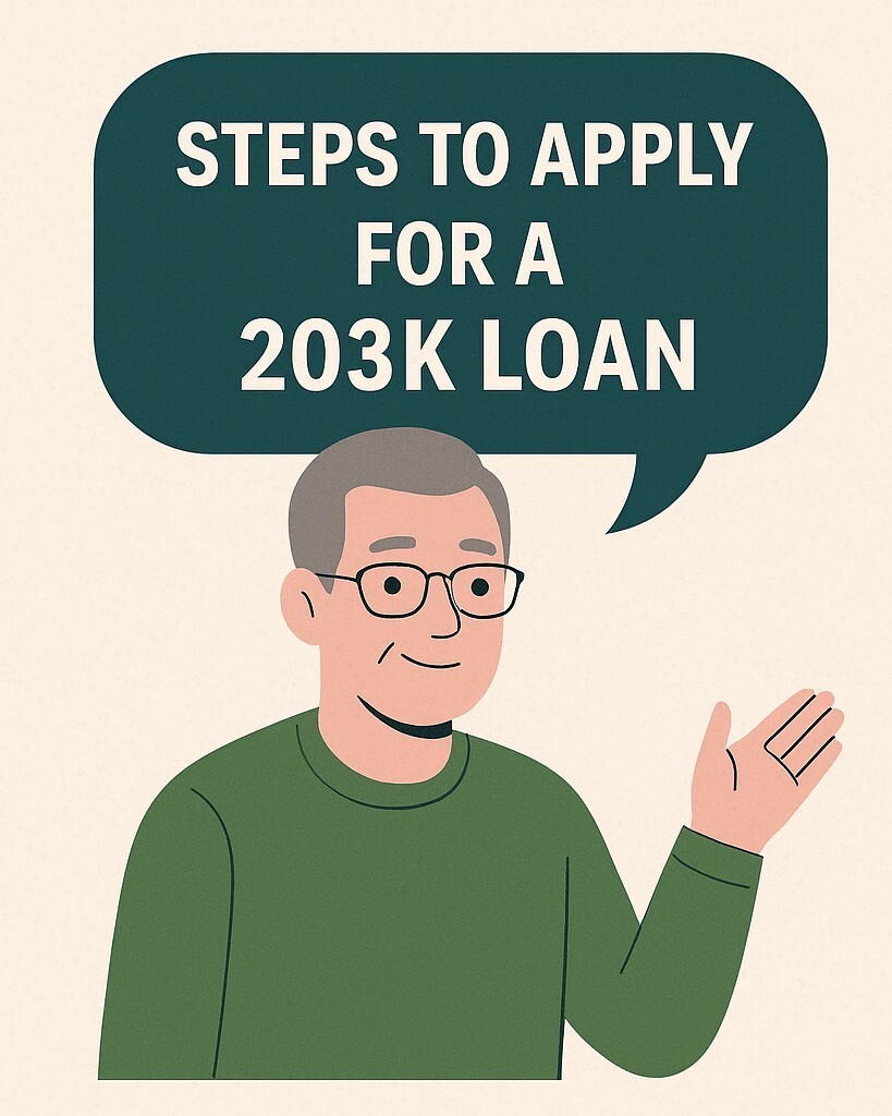 Illustration of a man in glasses and a green sweater pointing to a speech bubble that says 'Steps to Apply for a 203k Loan'.