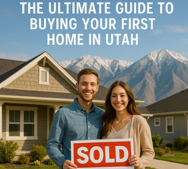A couple stands in front of a house holding a red and white 'SOLD' sign. The house has beige siding, white trim, and a dark roof. Snow-capped mountains are visible in the background under a clear blue sky. Text at the top of the image reads, 'THE ULTIMATE GUIDE TO BUYING YOUR FIRST HOME IN UTAH.