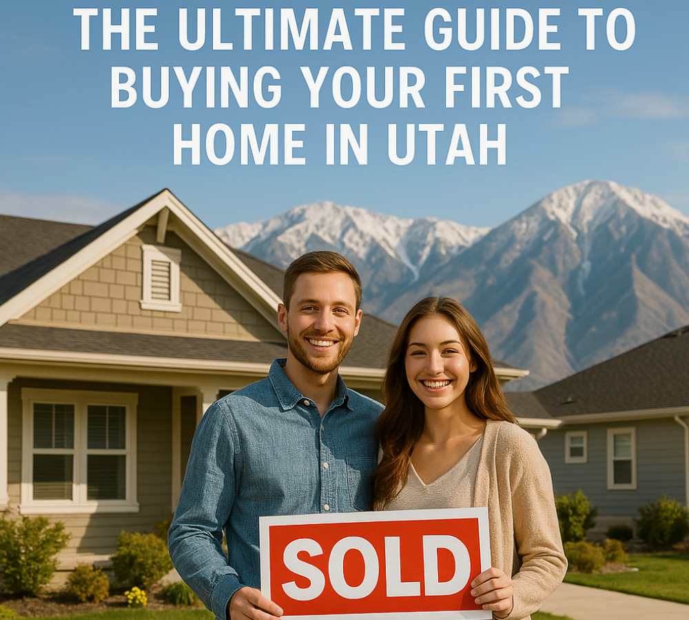 A couple stands in front of a house holding a red and white 'SOLD' sign. The house has beige siding, white trim, and a dark roof. Snow-capped mountains are visible in the background under a clear blue sky. Text at the top of the image reads, 'THE ULTIMATE GUIDE TO BUYING YOUR FIRST HOME IN UTAH.