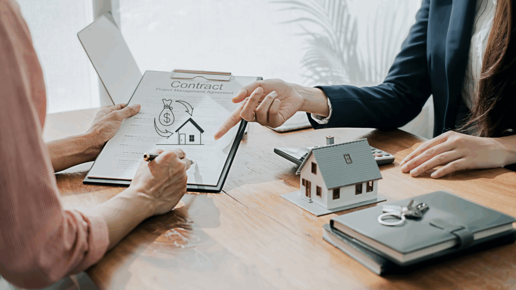 Mortgage broker helps a self-employed client with a contract. Contract has a small money to house graphic.