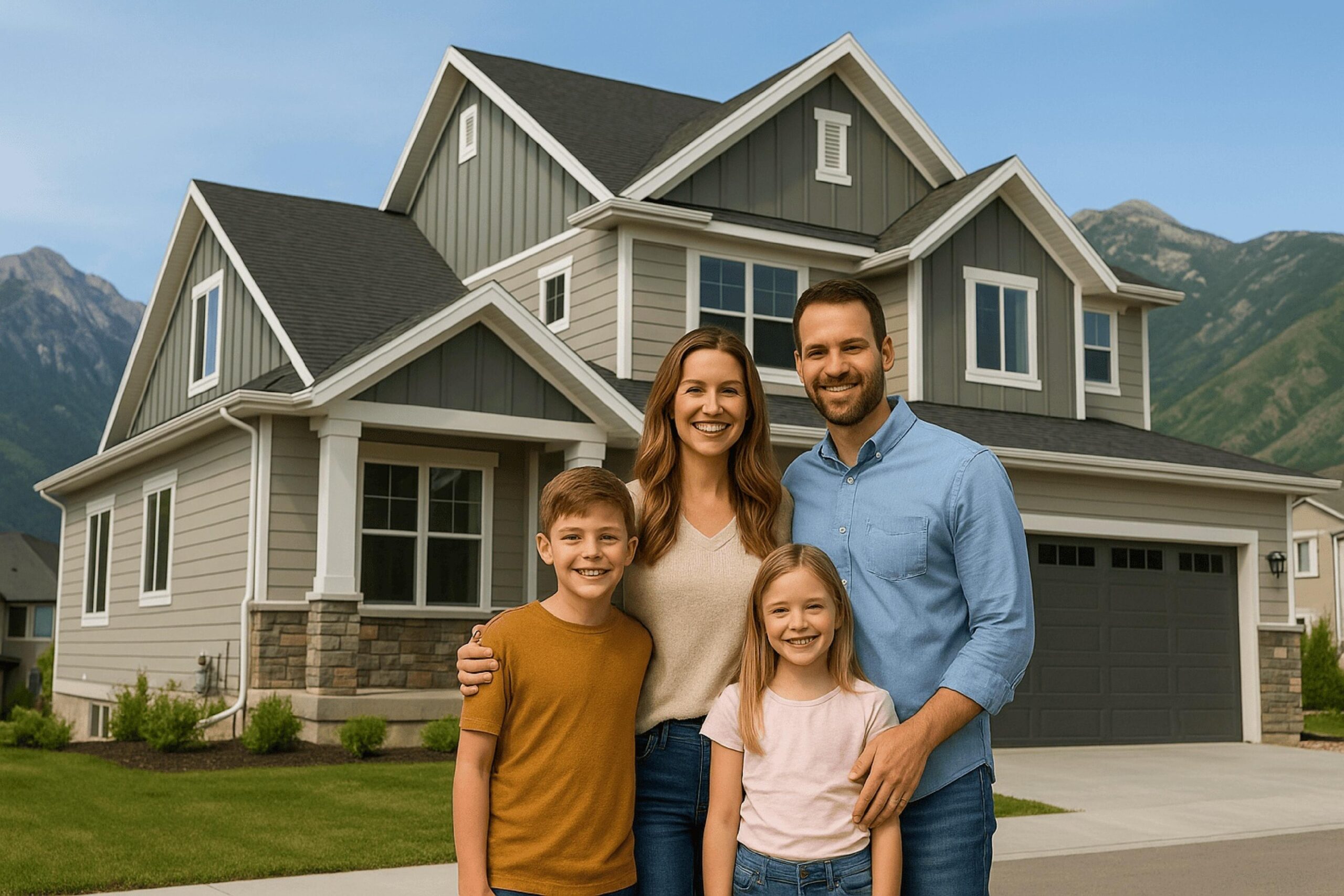Family of four in Utah in front of new home