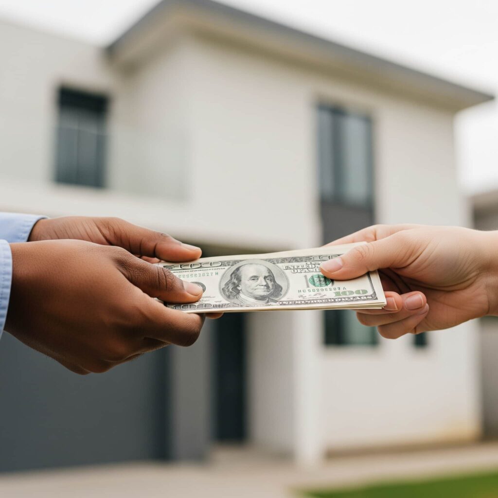 Person handing down payment assistance to another person on the background of a first time home