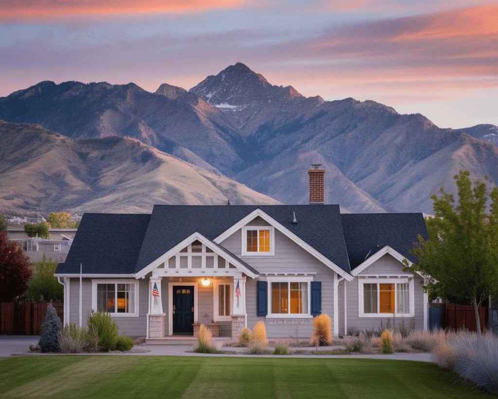 Beautiful home with lights on inside. Mountains in the background.