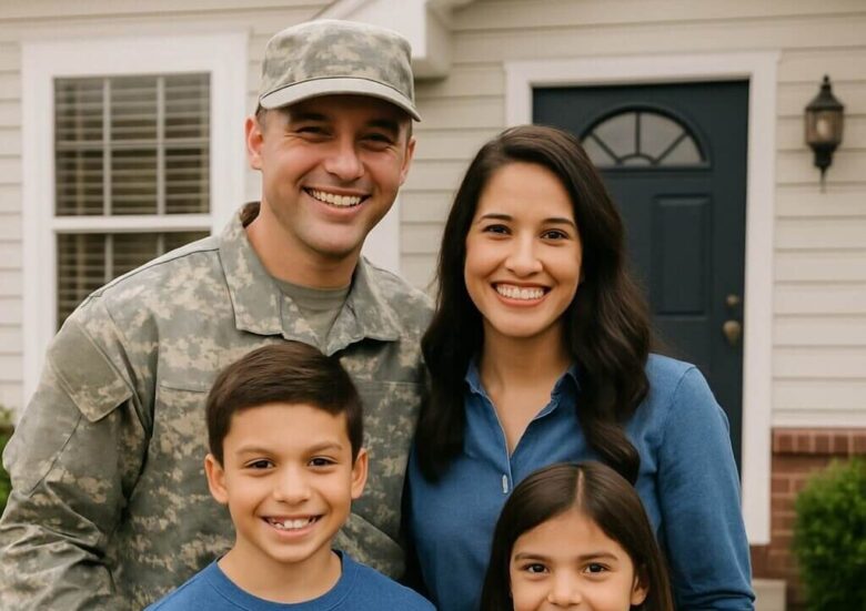 Veteran and their family in front of a home purchased with the VA Loan.