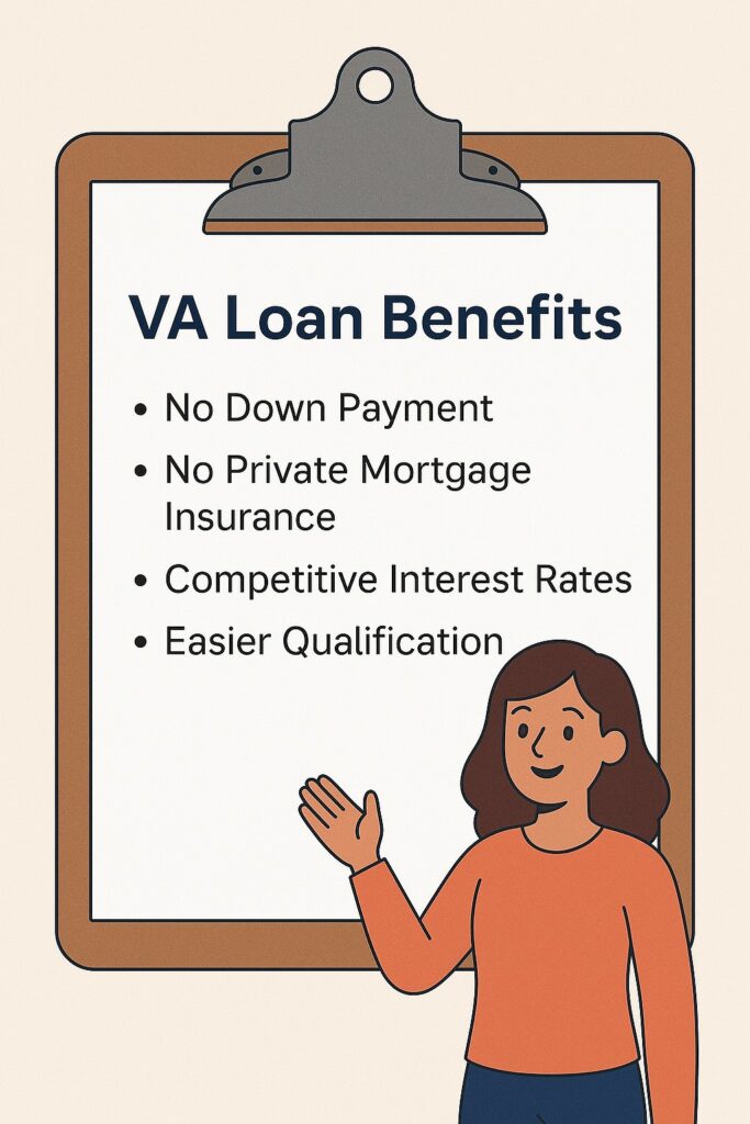 Clipboard showing the full list of VA loan benefits.