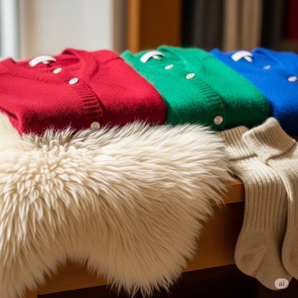 Smiling friends in coffee shop, wearing alpaca fashion trends 2025 like ruanas & hats. Natural fiber fashion