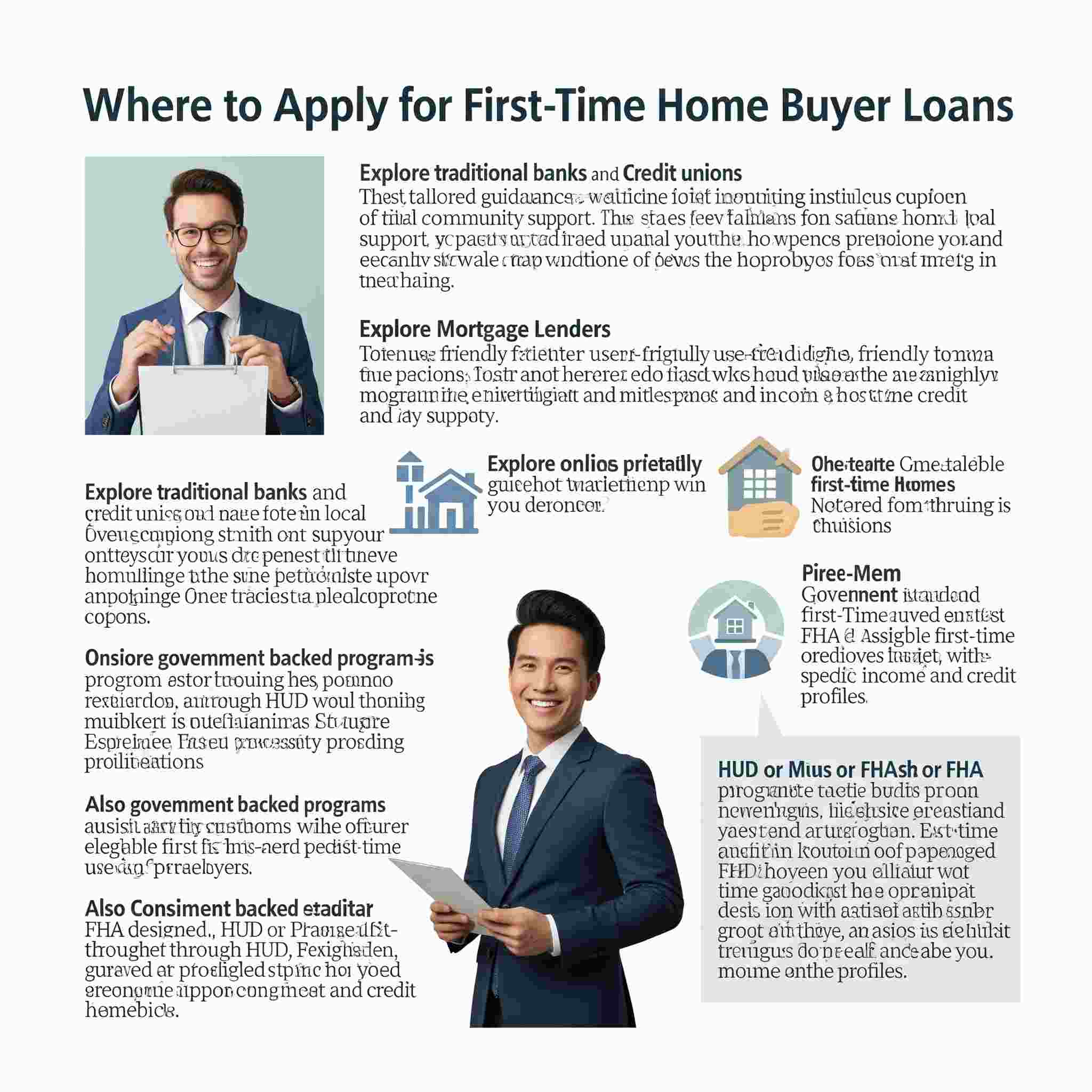Infographic titled 'Where to Apply for First-Time Home Buyer Loans,' outlining options like banks, credit unions, mortgage lenders, and government-backed programs. Includes tips on FHA loans, getting pre-approved, and top lenders for first-time buyers