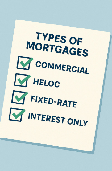 Checklist titled 'Types of Mortgages' with green checkmarks next to Commercial, HELOC, Fixed-Rate, and Interest Only mortgage types.