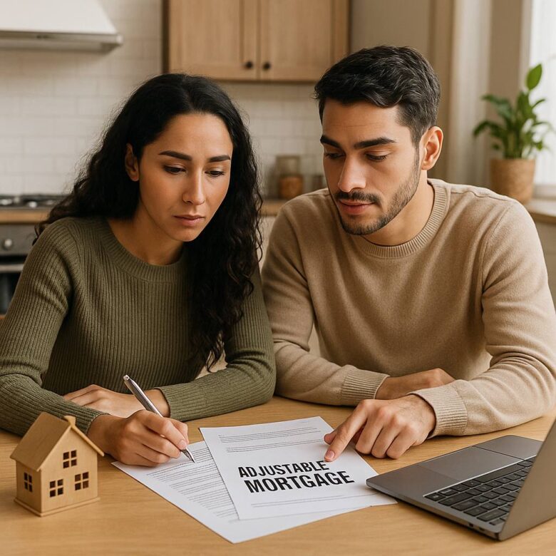 A young couple sitting at a kitchen table reviewing adjustable rate mortgage loan options during the early stages of buying their first home.