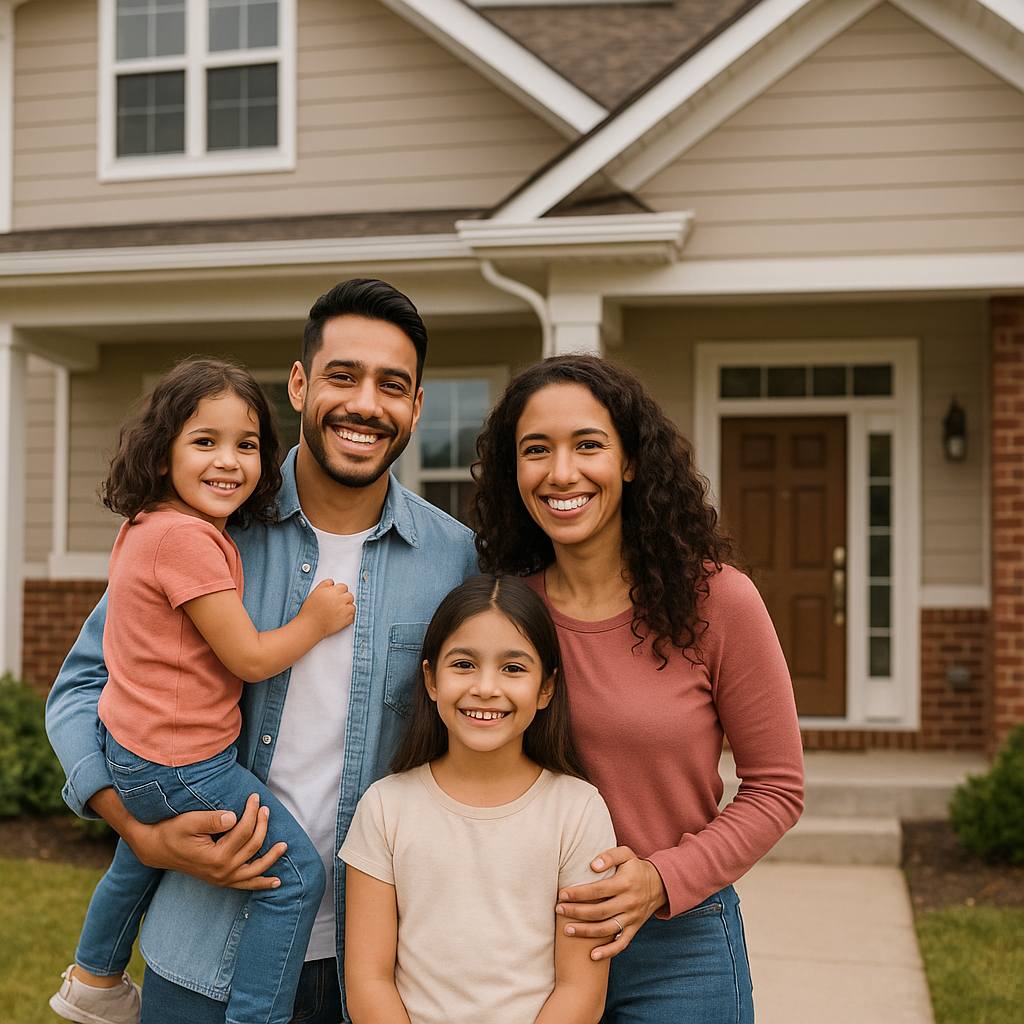 A smiling family standing in front of their newly purchased home, representing successful homeownership after getting approved for an adjustable rate mortgage loan.