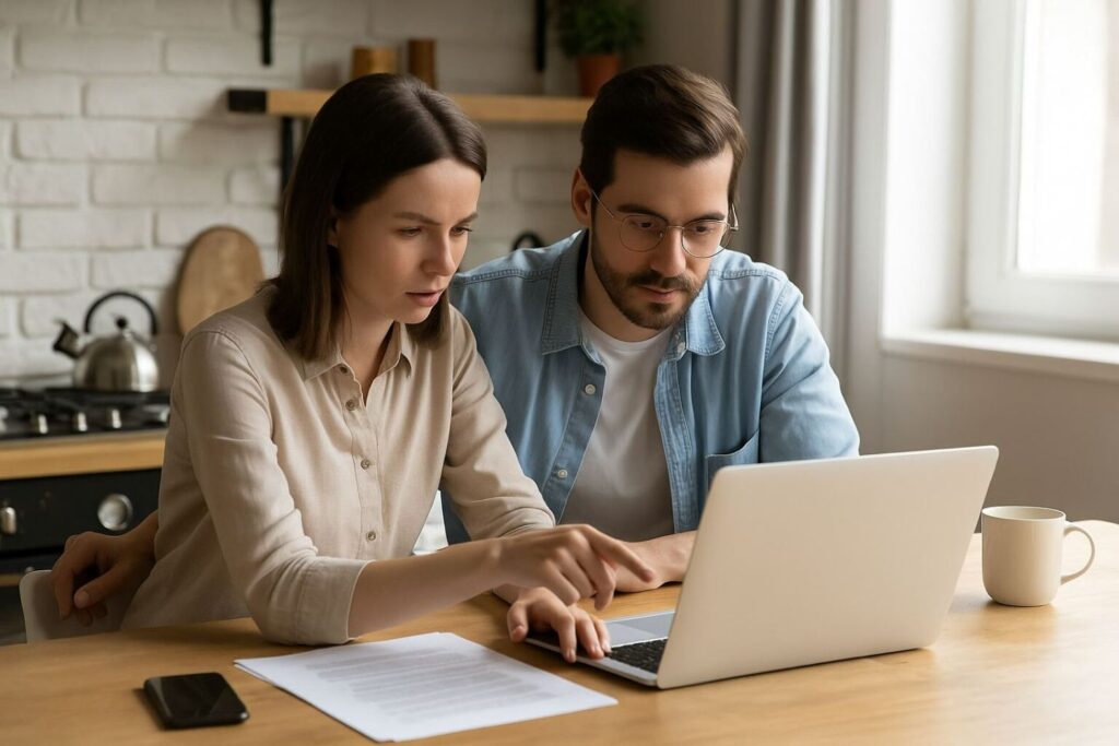 Smiling couple discussing mortgage refinance options with a Utah lender at home