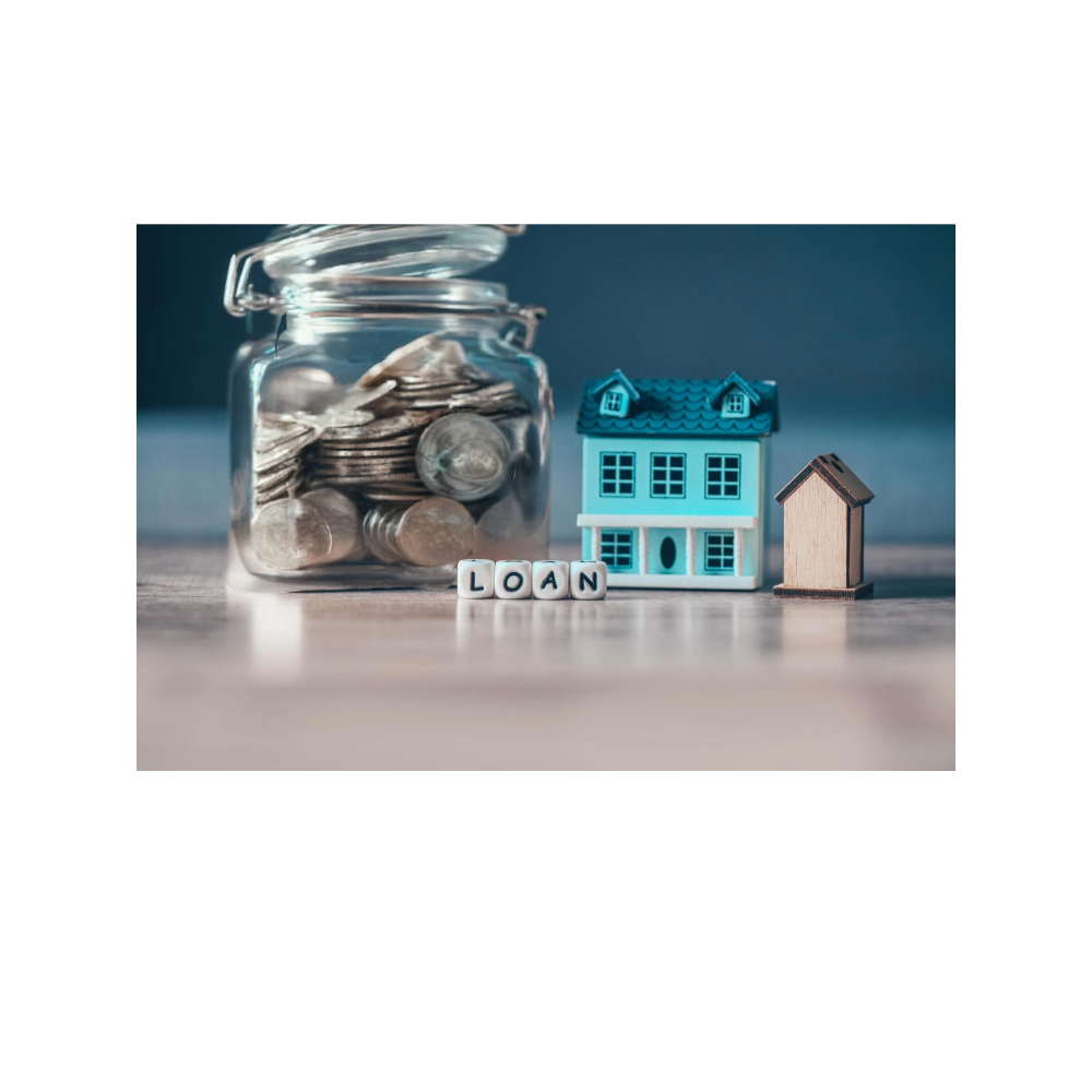 Home with a large jar of coins and "loan" written out in block beads in the center. Conveys the need to save for a home loan.