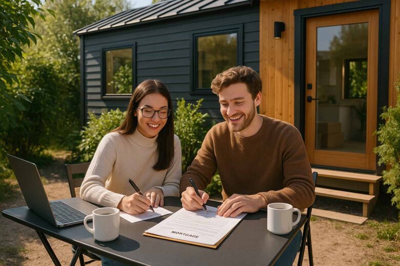 Young couple signing mortgage documents in front of a tiny house
