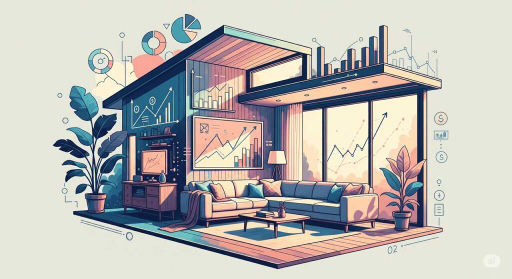 Modern house with financial growth charts.