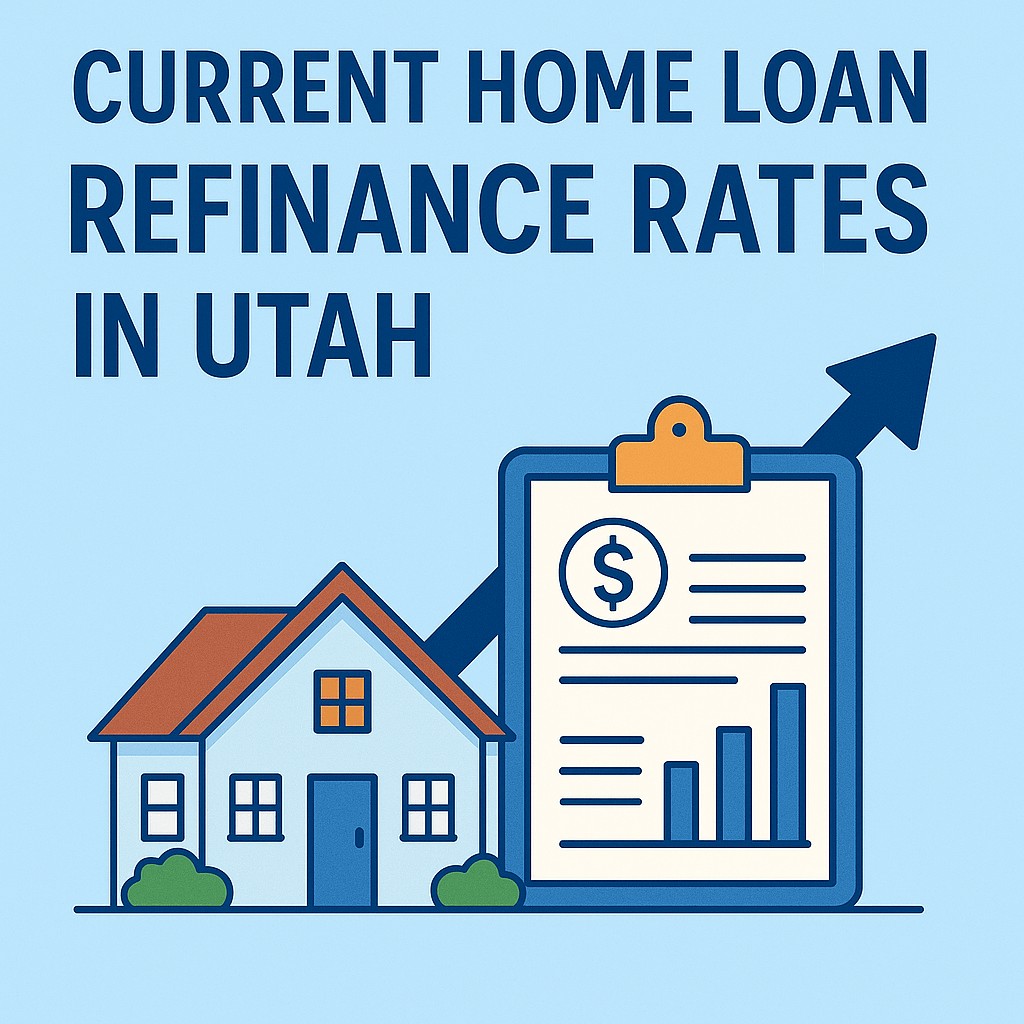 Illustration of a Utah home and refinance rate chart titled 'Current Home Loan Refinance Rates in Utah'