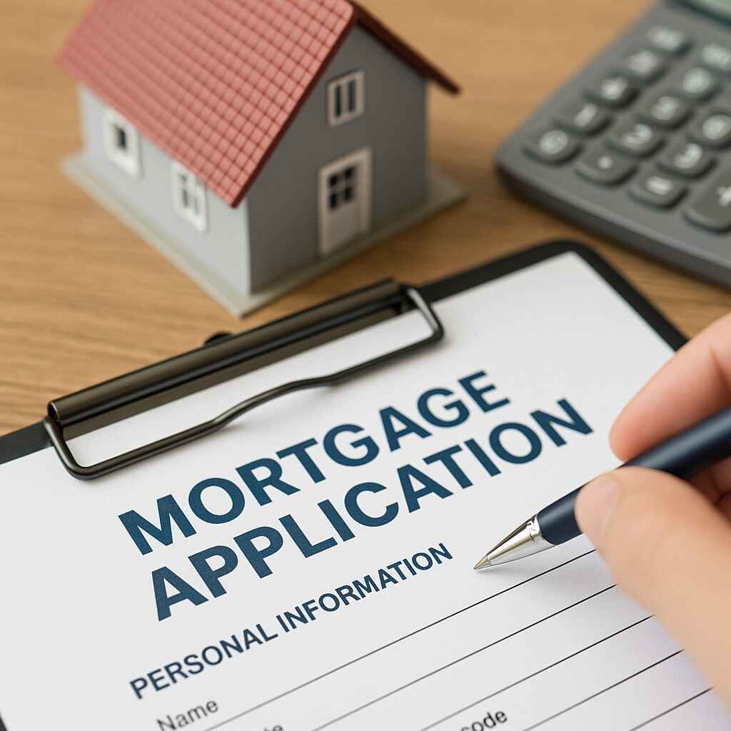 Close-up of a person filling out a mortgage application form with a pen, next to a model house and calculator on a wooden desk