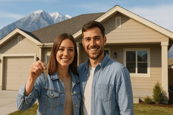 Young first time home buyer couple standing in front of a Utah home, smiling and holding house keys, with mountains in the background — represents success using a first time home down payment calculator.