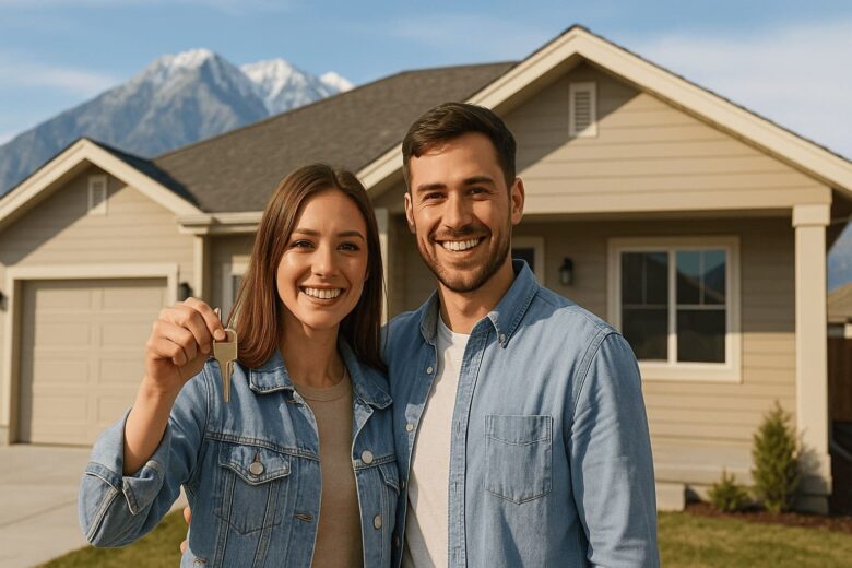 Young first time home buyer couple standing in front of a Utah home, smiling and holding house keys, with mountains in the background — represents success using a first time home down payment calculator.