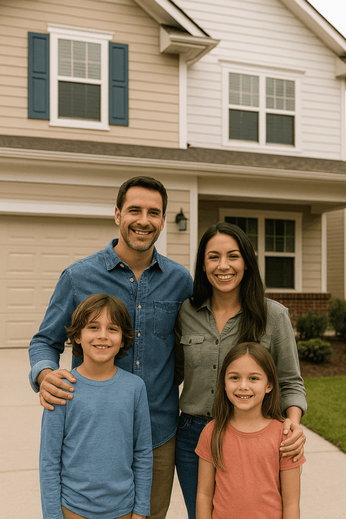 A family standing in front of their new home