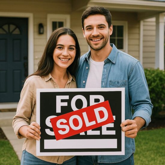 Happy couple smiling outside their new home holding a SOLD sign after purchasing with a VA or FHA loan